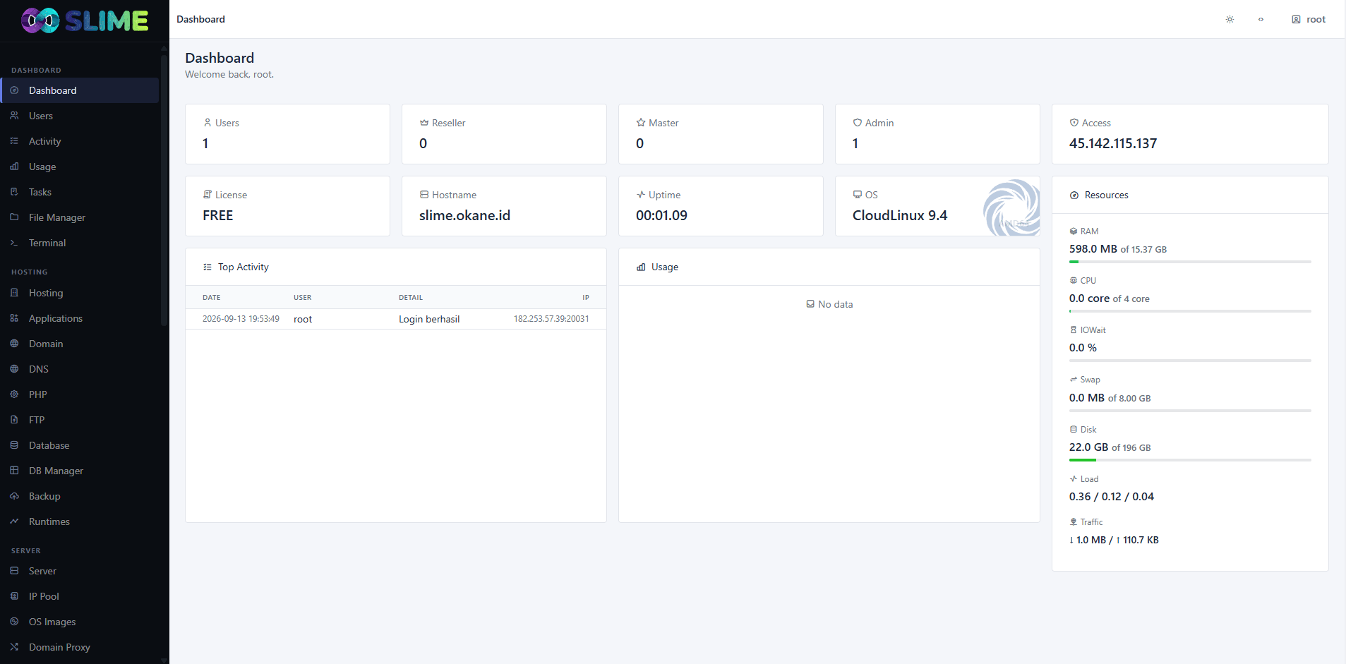 SLIME control panel interface in the light theme